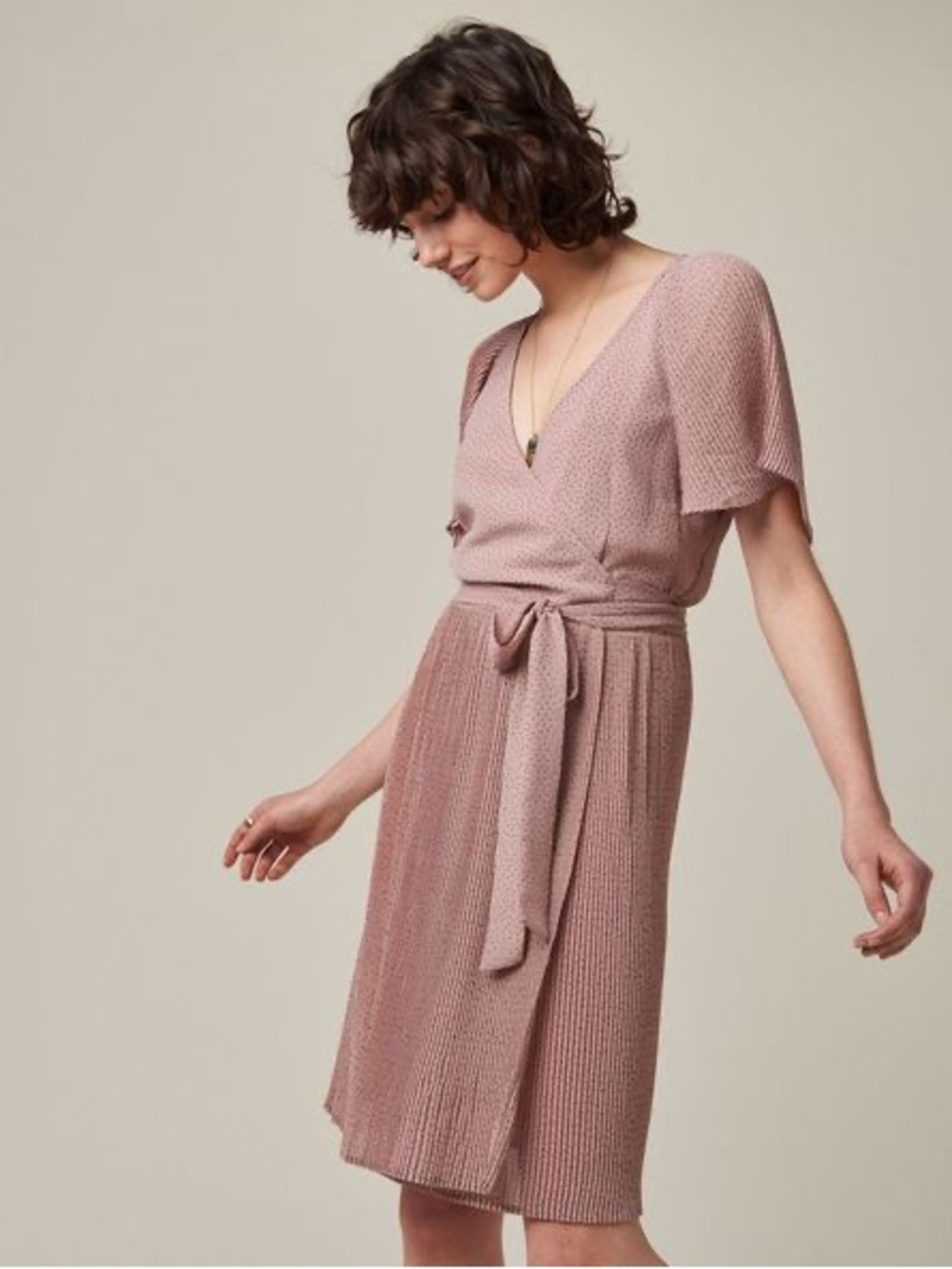 Sessun Dusty Rose Wrap Midi Dress with Flutter Sleeves